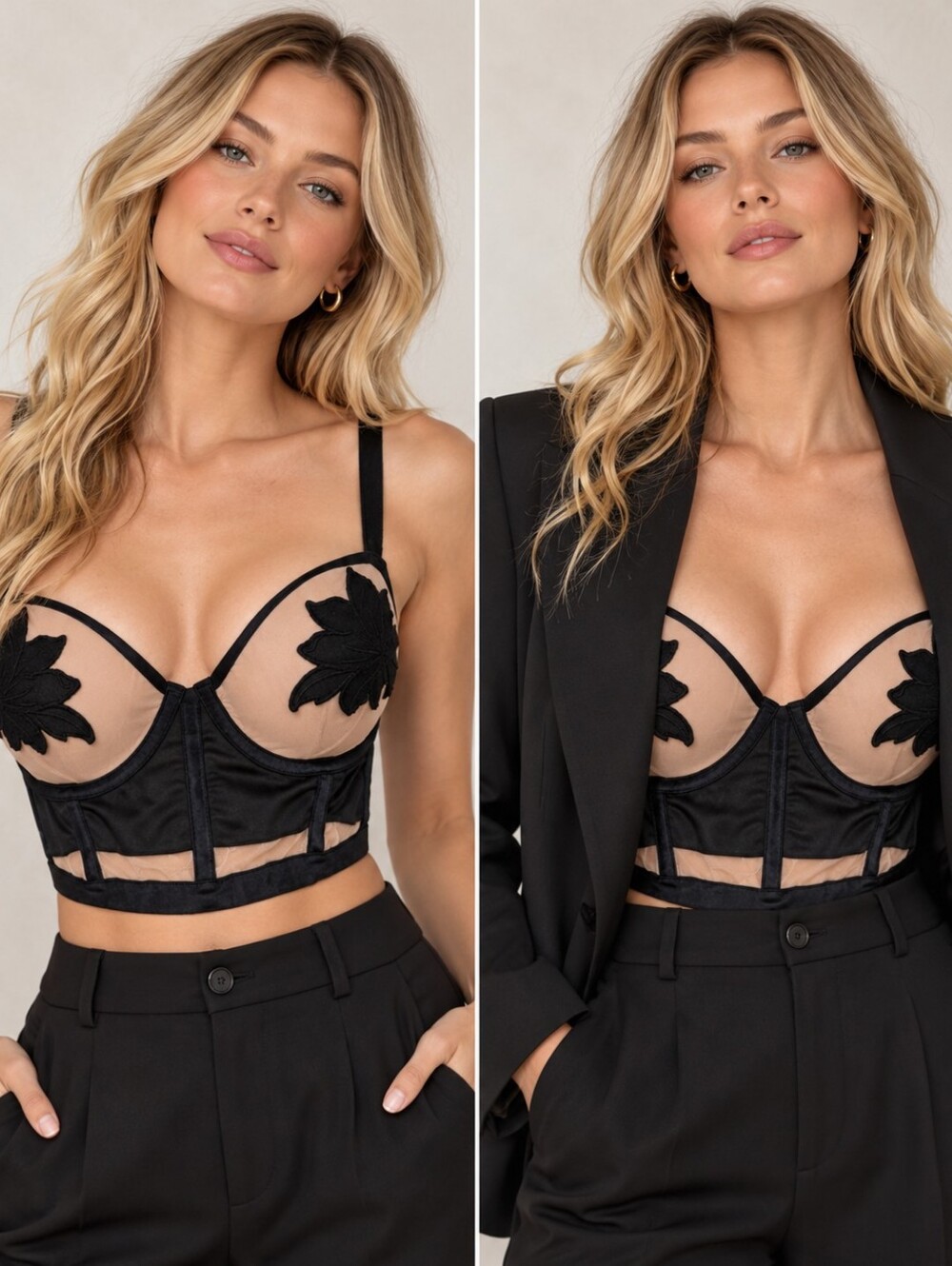 VICTORIA’S SECRET BLACK NUDE FLORAL APPLIQUÉ LONGLINE BUSTIER BRA 36D